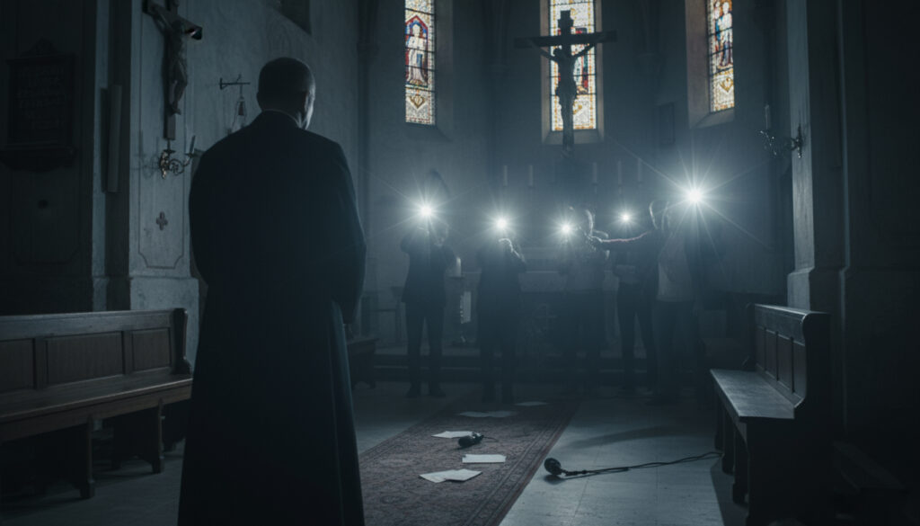 A realistic, documentary-style photograph illustrating scandals in the Polish Catholic Church. The image shows a dimly lit church interior with a sense of tension and controversy. The camera focuses on a priest standing in shadow, his face partially obscured, symbolizing secrecy and moral conflict. In the background, blurred silhouettes of reporters, microphones, and flashing cameras suggest media attention and public scandal. The atmosphere feels heavy, serious, and dramatic, with cold lighting and muted colors emphasizing the gravity of the situation. No explicit or disrespectful elements — the image should convey symbolism, realism, and emotional impact.