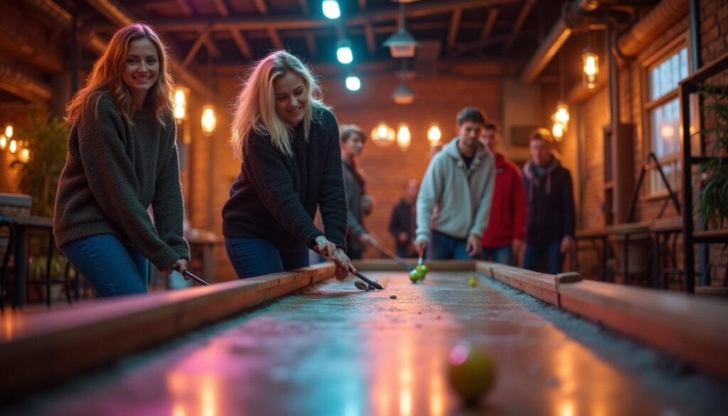 Realistic photo of an indoor entertainment venue in Poland. A group of adults (ages 25–40) playing mini golf or shuffleboard. Industrial interior with wood accents, warm lighting, relaxed atmosphere. Natural emotions: smiling, focused, enjoying the game. Style: lifestyle photography, soft light, realistic depth of field. Shot from player’s perspective or over the shoulder. Casual autumn outfits (sweaters, shirts, jeans). Evening mood with LED details and cozy vibe.