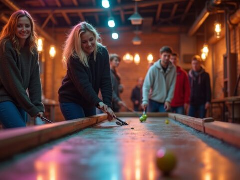 Realistic photo of an indoor entertainment venue in Poland. A group of adults (ages 25–40) playing mini golf or shuffleboard. Industrial interior with wood accents, warm lighting, relaxed atmosphere. Natural emotions: smiling, focused, enjoying the game. Style: lifestyle photography, soft light, realistic depth of field. Shot from player’s perspective or over the shoulder. Casual autumn outfits (sweaters, shirts, jeans). Evening mood with LED details and cozy vibe.
