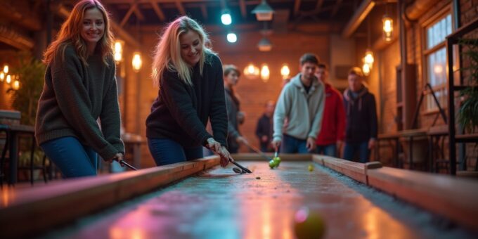 Realistic photo of an indoor entertainment venue in Poland. A group of adults (ages 25–40) playing mini golf or shuffleboard. Industrial interior with wood accents, warm lighting, relaxed atmosphere. Natural emotions: smiling, focused, enjoying the game. Style: lifestyle photography, soft light, realistic depth of field. Shot from player’s perspective or over the shoulder. Casual autumn outfits (sweaters, shirts, jeans). Evening mood with LED details and cozy vibe.